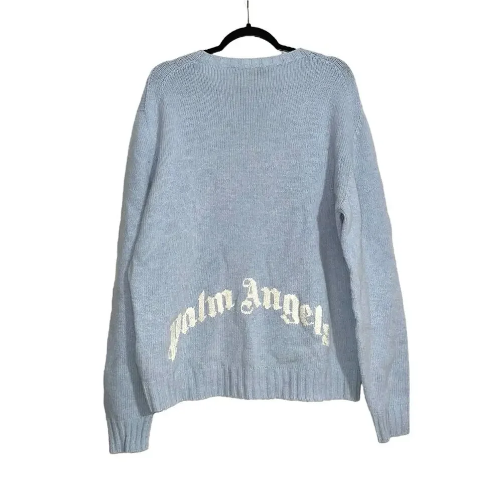 Palm Angels Curved Logo Wool Blend Light Blue Knit Sweater XL